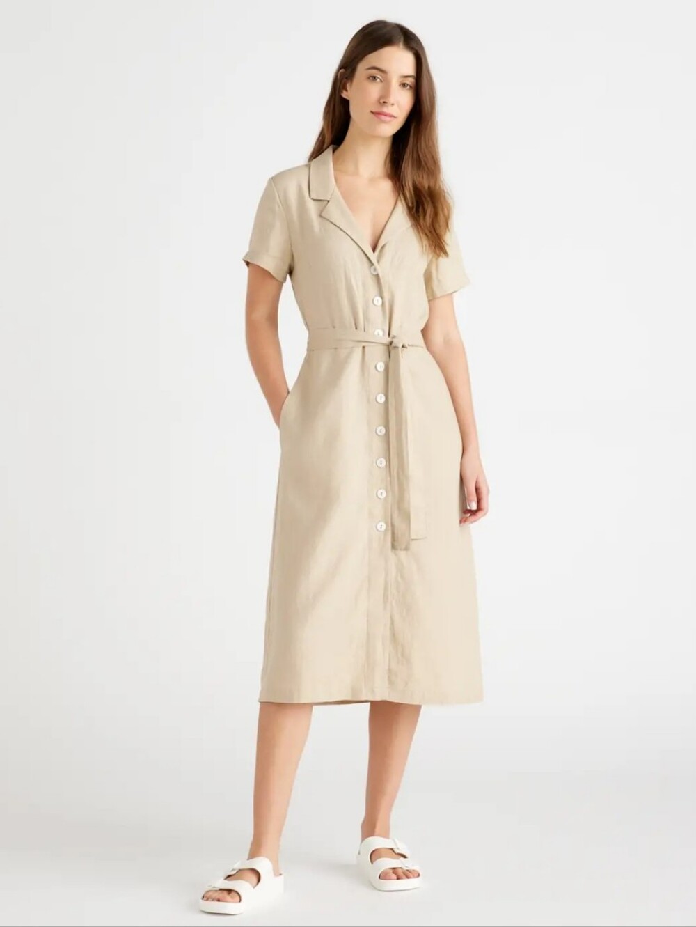 Quince Beige Linen Midi Shirt Dress with Tie Waist